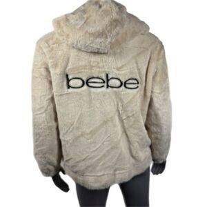 BEBE | Black and Cream Teddy Jacket with Plush Hood and Zip Closure